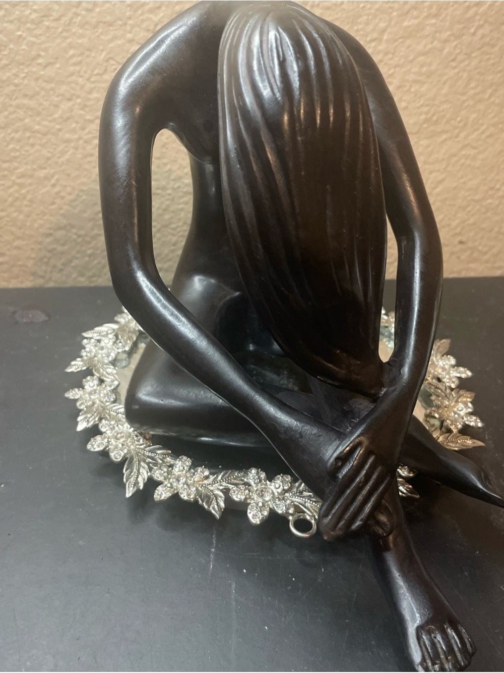 Gorgeous 1985 Austin Sculpture Black Nude Kneeling Lady with Long Tresses